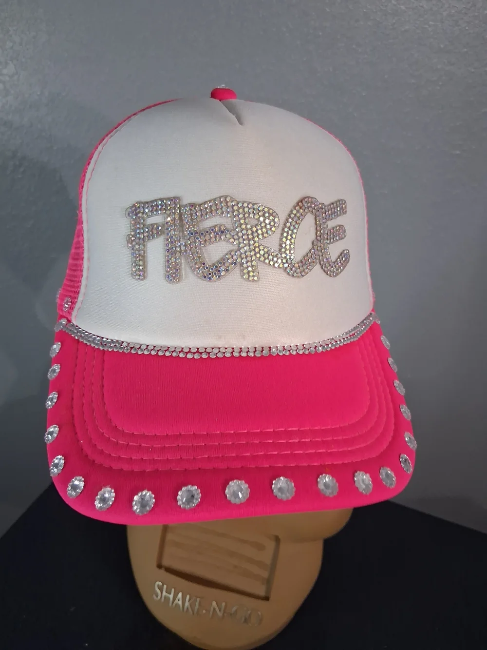 Hand Crafted Fierce Embellished Trucker Hat - Hot Pink & White